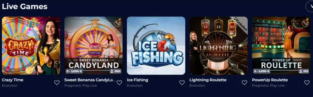 Live game thumbnails like Crazy Time and Lightning Roulette in the "Live Games" section.