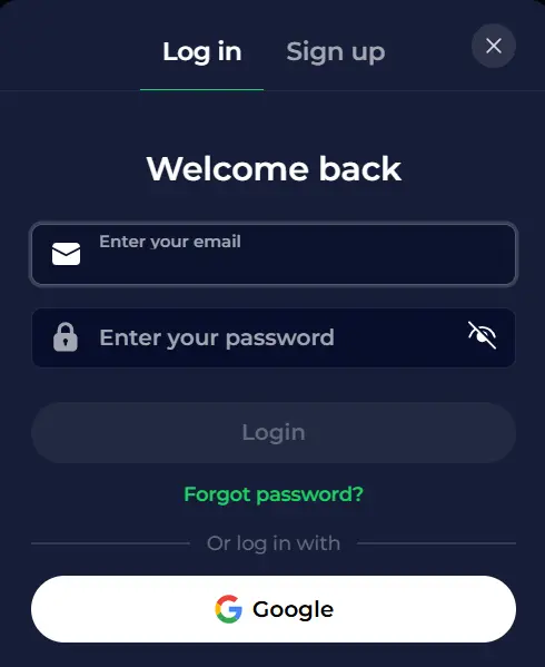 Casino "Welcome back" login pop-up form for registered users to access their account.