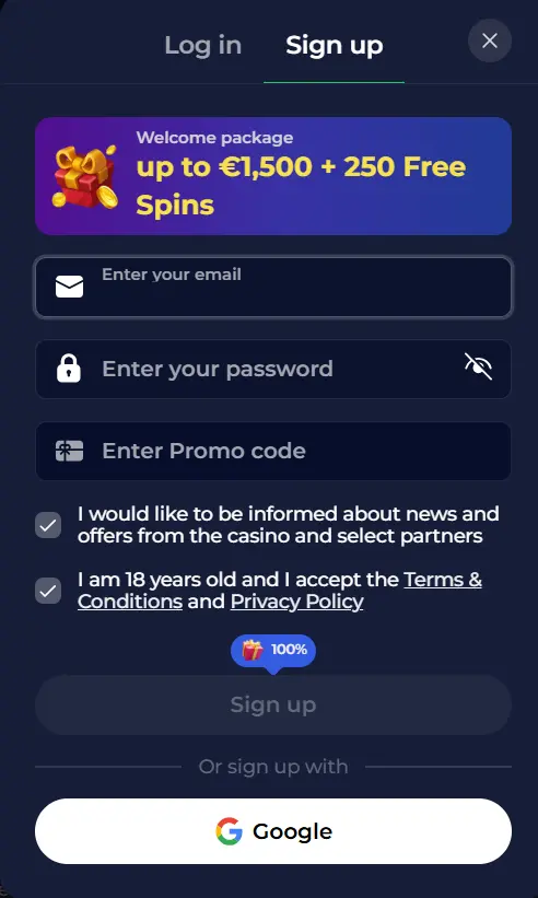 Casino sign-up pop-up form offering up to €1500 and 250 Free Spins welcome bonus.