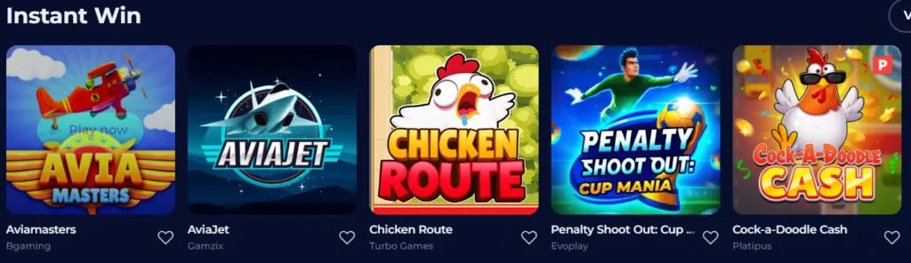 Instant Win games section featuring titles like Aviamasters and Chicken Route for quick play.