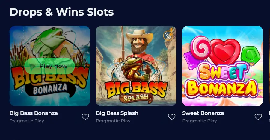 Drops & Wins Slots section thumbnails featuring games like Big Bass Bonanza for promotional play.