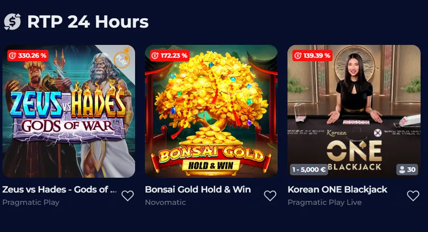 RTP 24 Hours section thumbnails with current RTP percentages and player counts.