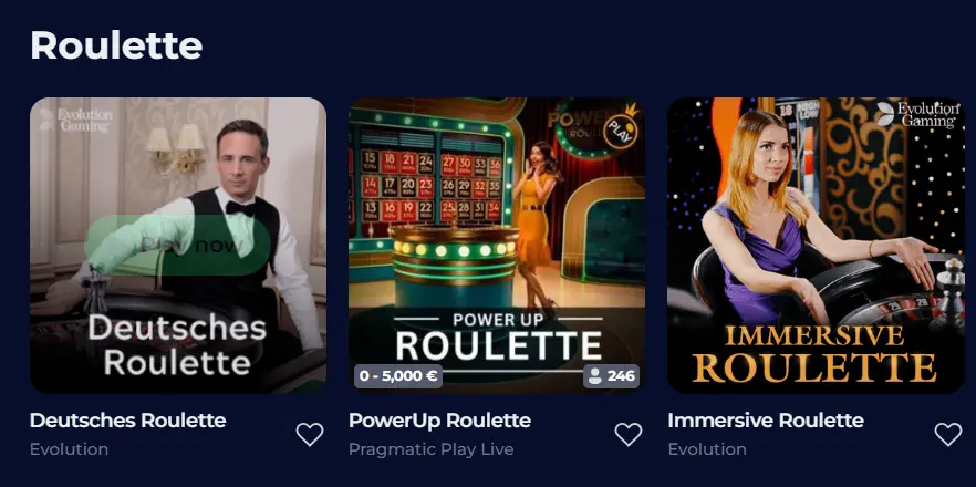 Live dealer Roulette game thumbnails in the Roulette section, showing game variety.