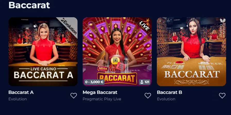 Live dealer Baccarat game thumbnails in the Baccarat section, showing table game variety.