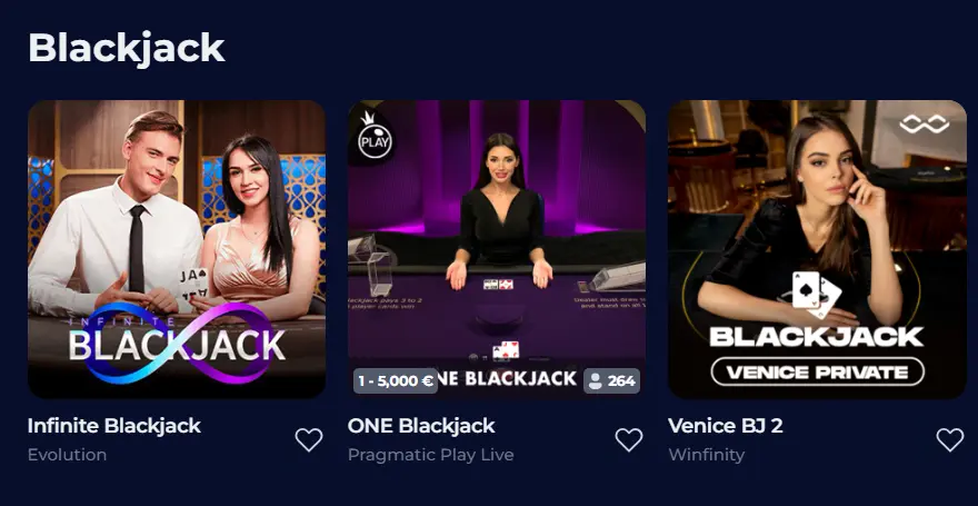 Live dealer blackjack game thumbnails in the Blackjack section, showing table game variety.