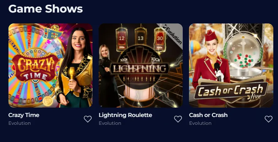 Game Shows section thumbnails featuring Crazy Time and Lightning Roulette for live casino variety.