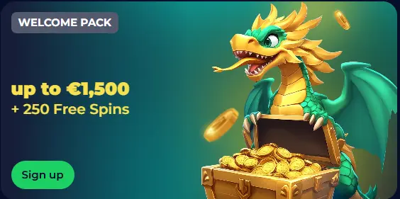 Welcome pack banner with a dragon, offering up to €1,500 + 250 Free Spins for new players.