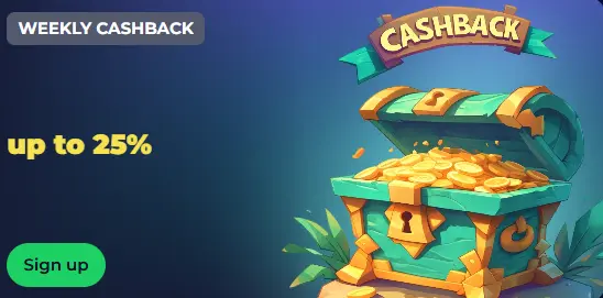 A treasure chest banner promoting "Weekly Cashback up to 25%" for casino players.
