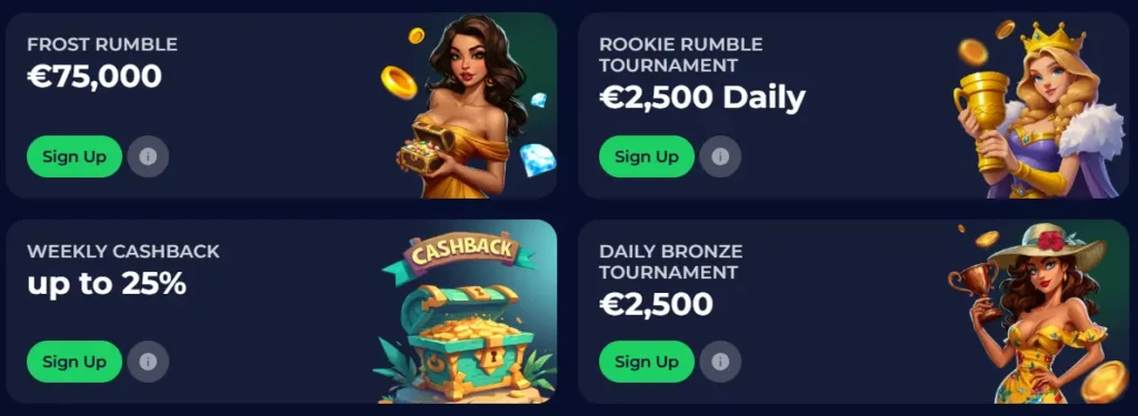 Banners displaying current casino tournaments and cashback offers with prize pools.