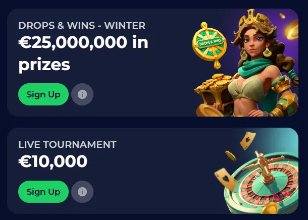 Casino banners for Drops & Wins (€25M) and Live Tournament (€10K) events to attract players.