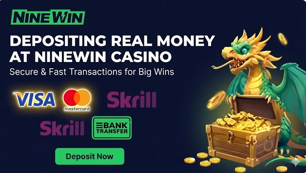 NineWin deposit banner featuring Visa, Mastercard, and Skrill logos to show accepted payment methods.