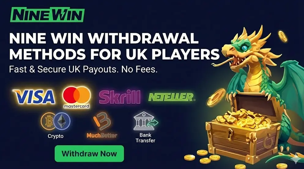 Banner showing NineWin withdrawal methods for UK players, emphasizing fast and secure payouts.