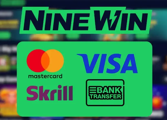 Payment methods banner on Nine Win casino site: Mastercard, Visa, Skrill, Bank Transfer.