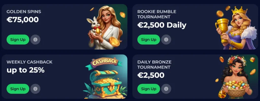 Promotional banners for NineWin Casino tournaments and cashback offers for active players.