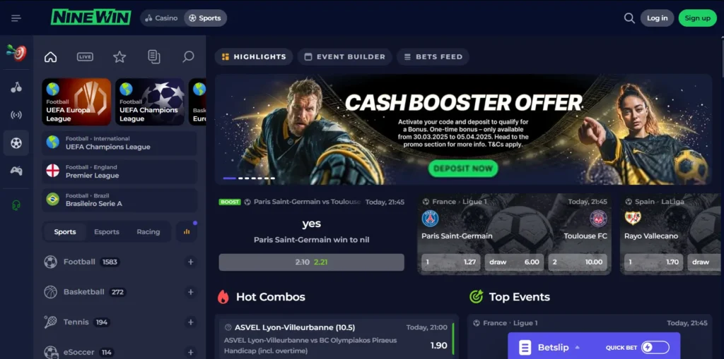 NineWin sports betting interface with Cash Booster offer and football highlights for easy wagering