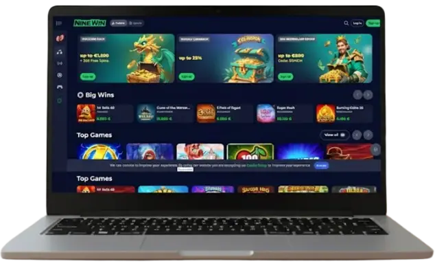 A laptop with the NineWin Casino website displays bonuses and games for convenient gaming in the UK.