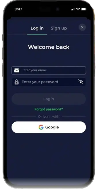 Mobile login screen on a smartphone with "Welcome back" form and Google sign-in.