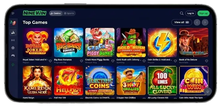 Horizontal smartphone screen showing the 'Top Games' section in the NineWin mobile app.