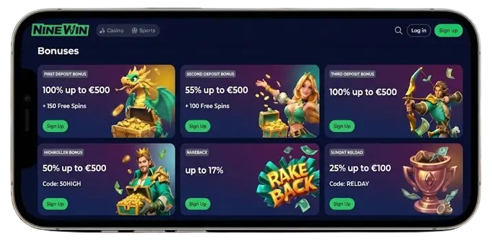 Comparison of NineWin mobile app and desktop site interfaces, showing platform on both devices.