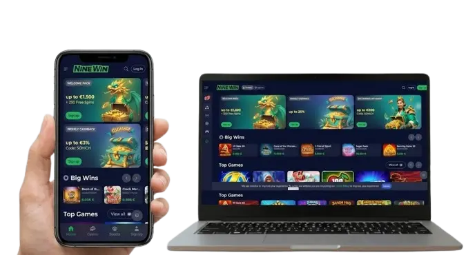 Comparison of NineWin mobile app and desktop site interfaces, showing platform on both devices.