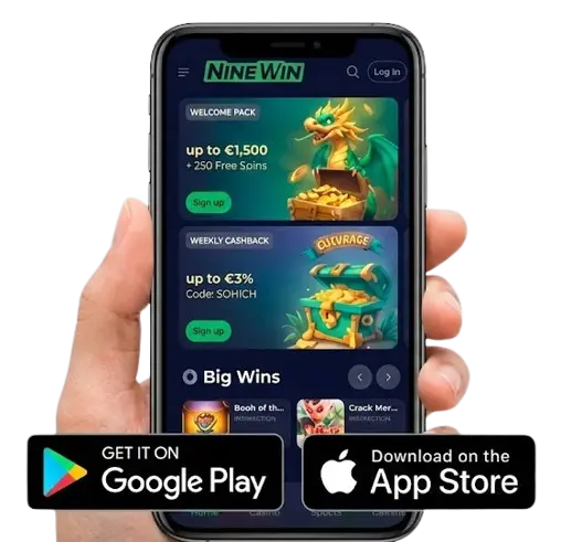 NineWin casino mobile app interface on a phone with Google Play and App Store download buttons.